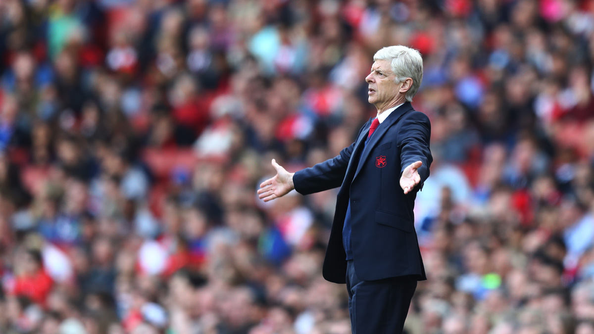 LONDON, UNITED KINGDOM - MAY 15:Arsene Wenger Manager of Arsenal reacts during the Barclays Premier League match between Arsenal and Aston Villa at Emirates Stadium on May 15, 2016 in London,