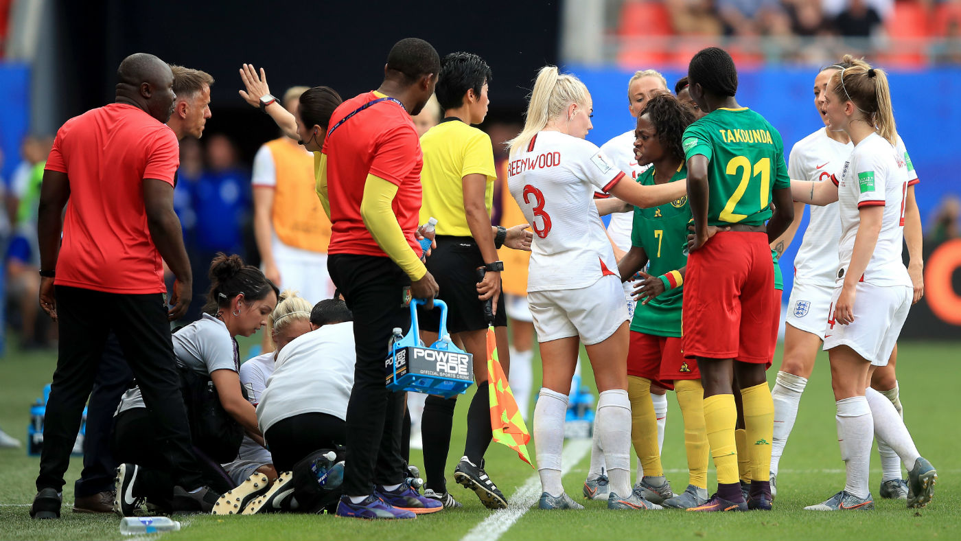 England and Cameroon players argue following the bad foul on Steph Houghton