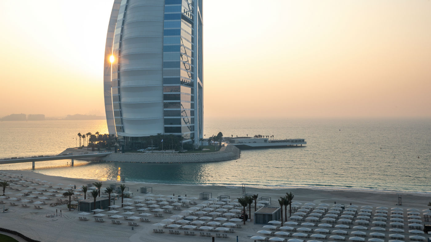 The golden sands of the beach between the Burj Al Arab and Jumeirah Beach Hotel in Dubai, UAE