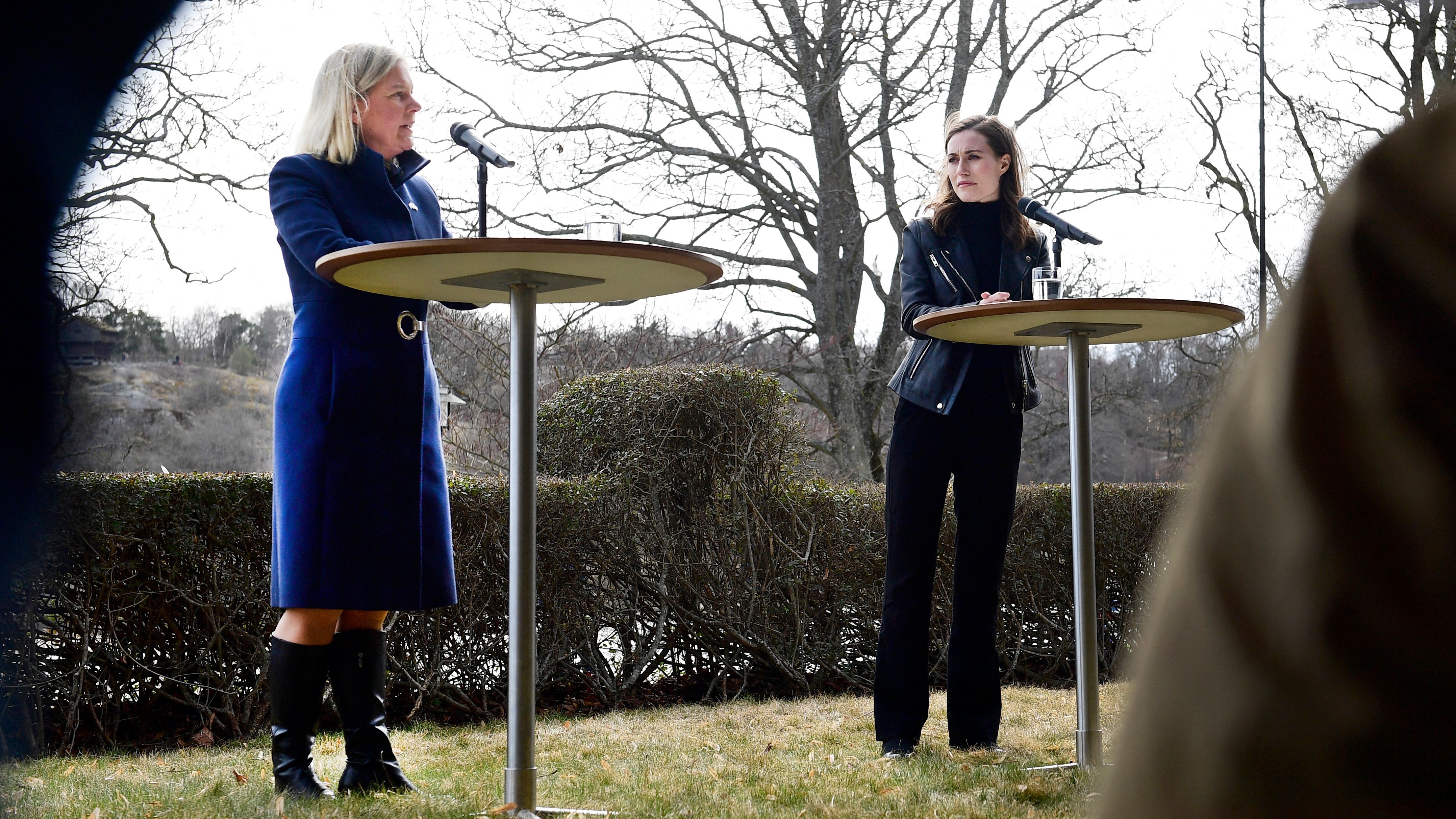 Sweden’s Prime Minister Magdalena Andersson (left) addresses reporters alongside her Finnish counterpart Sanna Marin