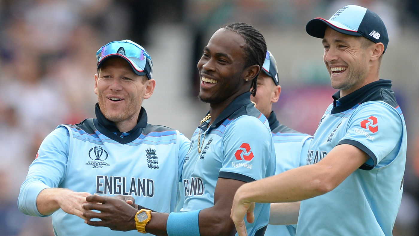 England bowler Jofra Archer (centre) celebrates a wicket in the Cricket World Cup win over South Africa 