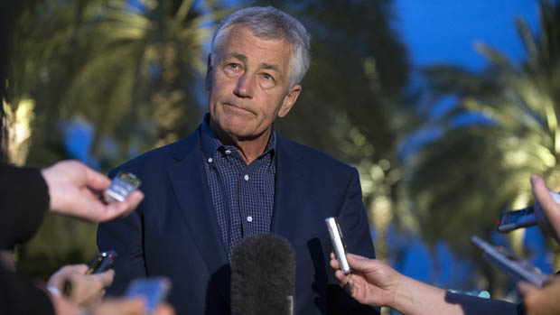 US Secretary of Defense Chuck Hagel speaks with reporters after reading a statement on chemical weapon use in Syria during a press conference in Abu Dhabi, United Arab Emirates on April 25, 2