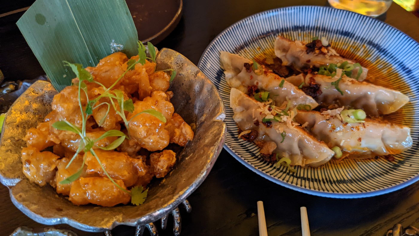 Small plates include popcorn shrimp and pork and kimchi dumplings