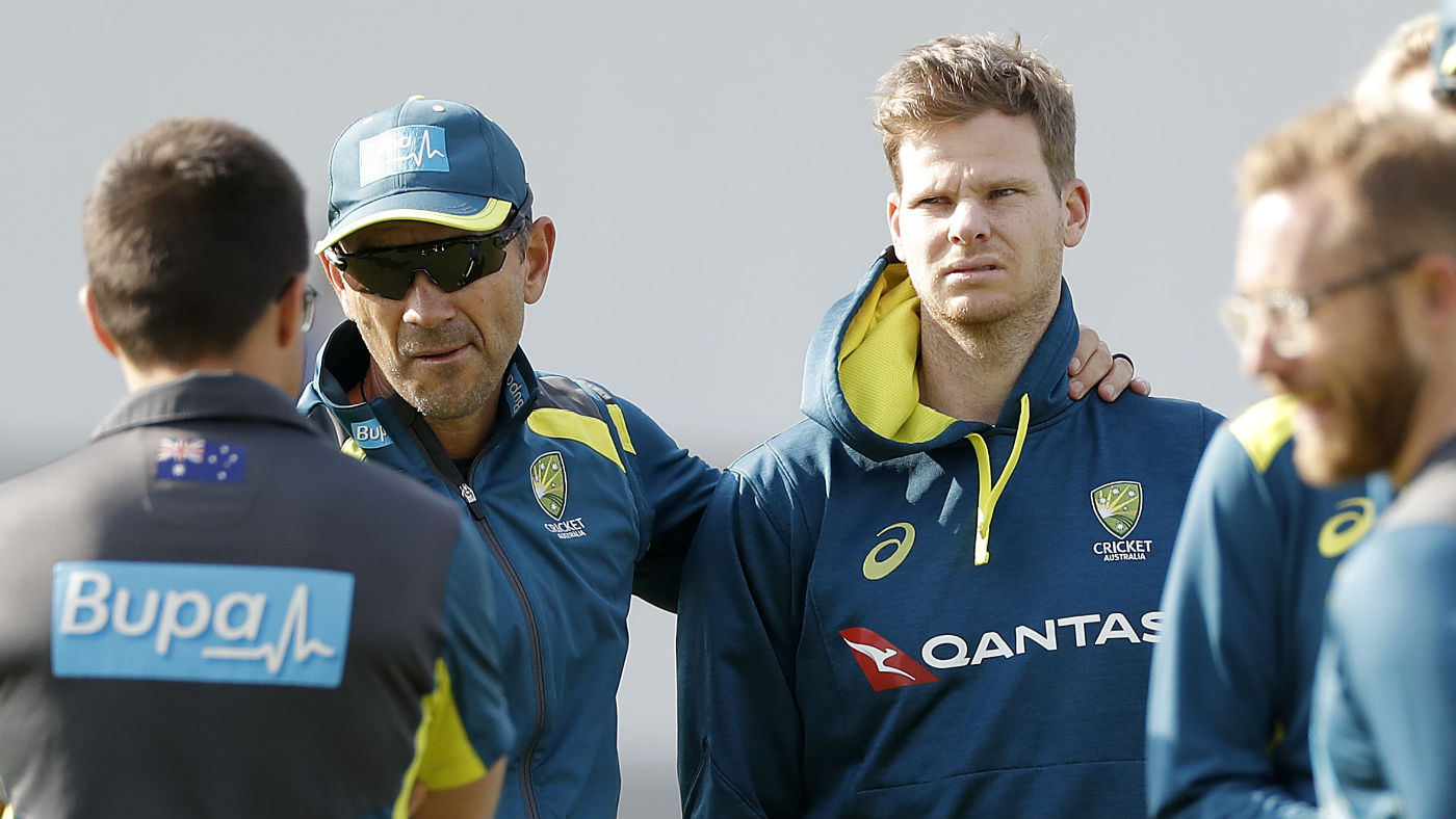 Australia head coach Justin Langer is pictured with Steve Smith at Headingley in Leeds