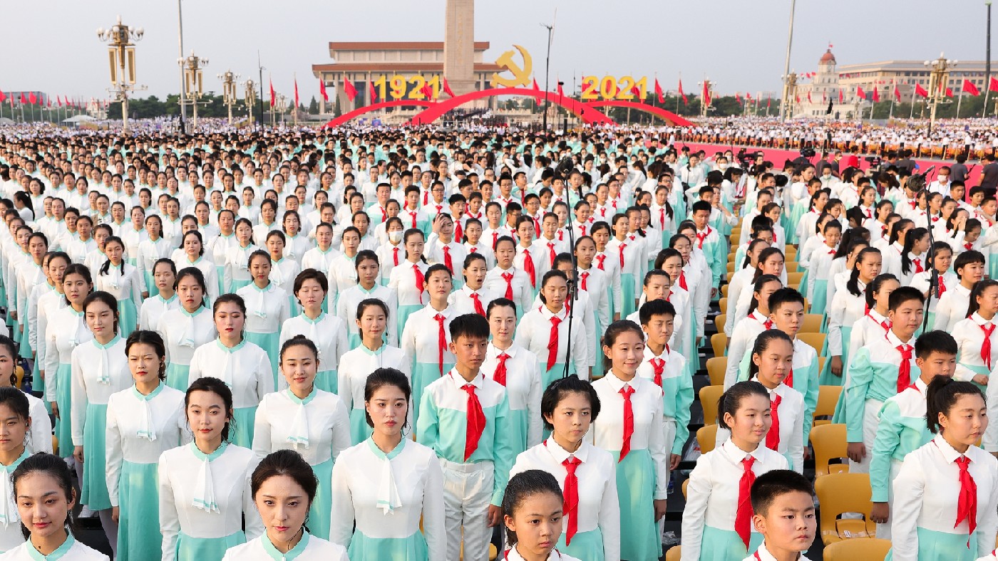 Participants rehearse in Tiananmen Square before a parade marking the CCP’s 100th anniversary