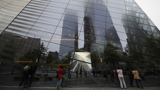 Image of original WTC Towers displayed in window of the 9/11 Memorial Museum