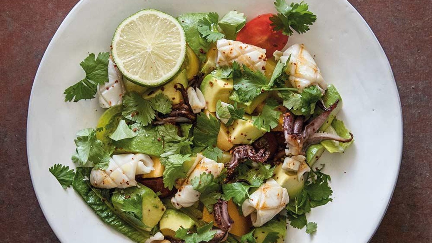 Squid, tomato and avocado salad with lime and coriander 