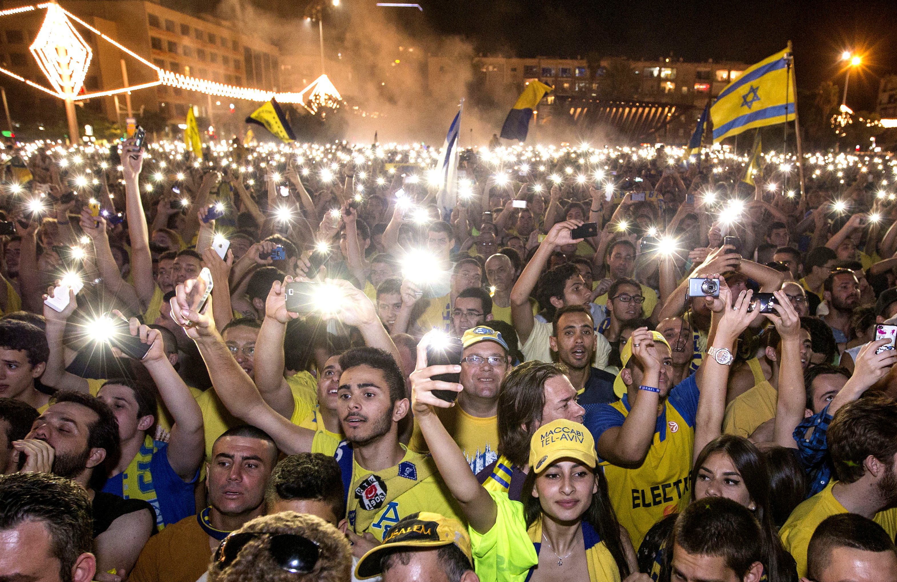 Maccabi Tel Aviv supporters gather in Rabin Square to celebrate