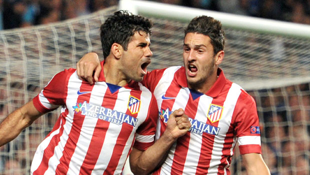 Diego Costa and Koke celebrate Atletico&#039;s second goal 