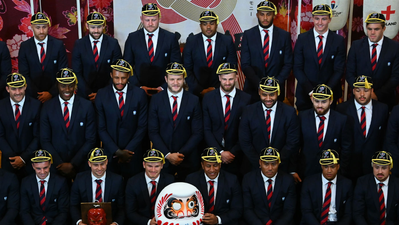 England players pose during a welcome ceremony at the Miyazaki Prefectural Government Hall
