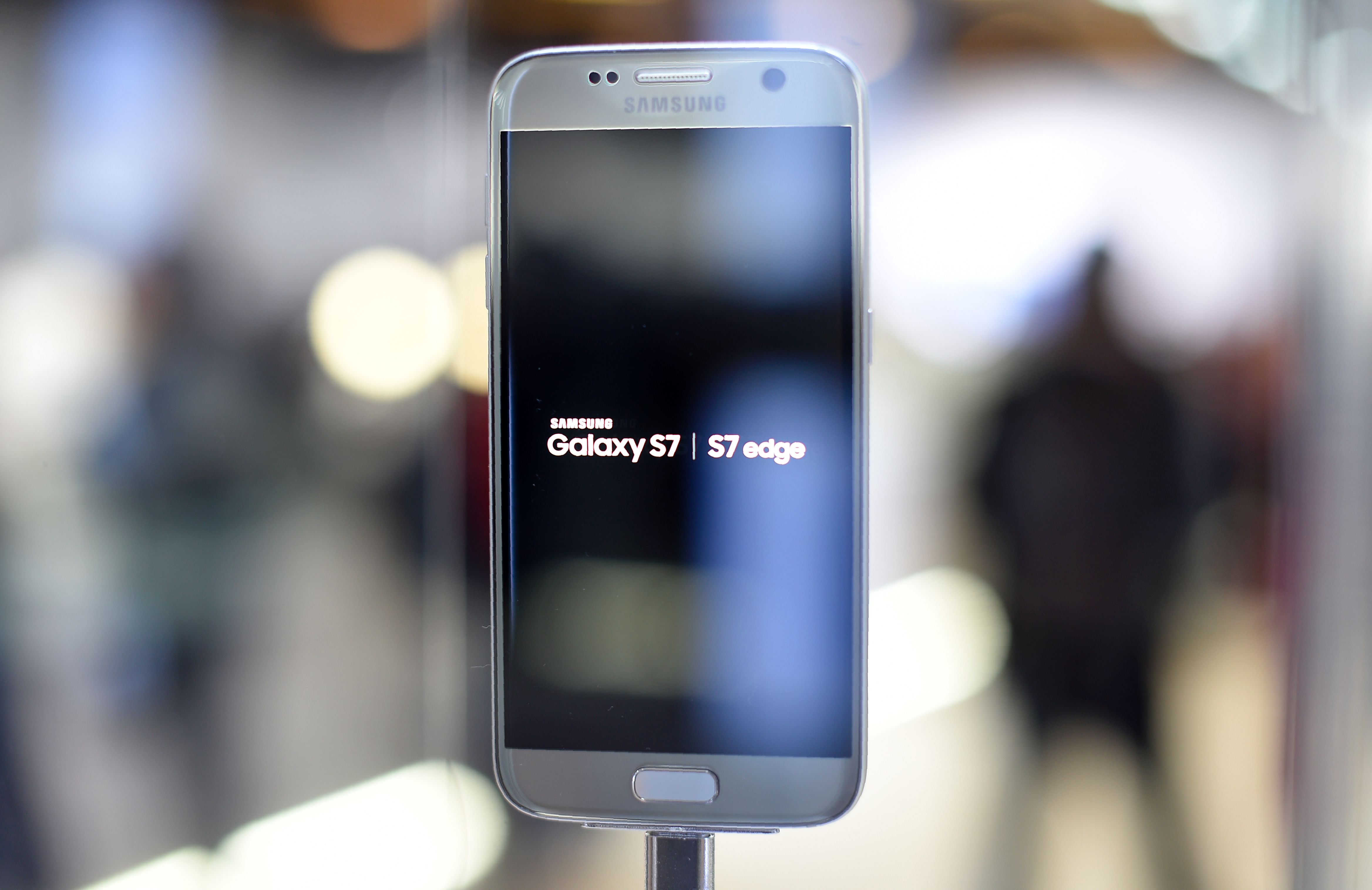 Picture shows the new Galaxy 7 mobile device by South Korean multinational conglomerate corporation Samsung presented on February 21, 2016 on the eve of the official opening of the Mobile Wor