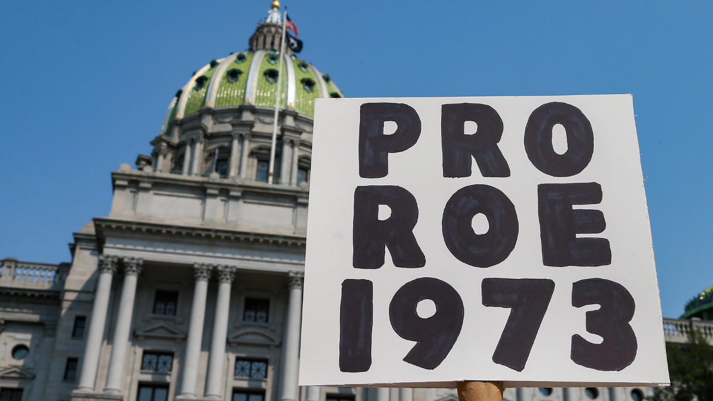 Protester holds placard reading: “Pro Roe 1973”