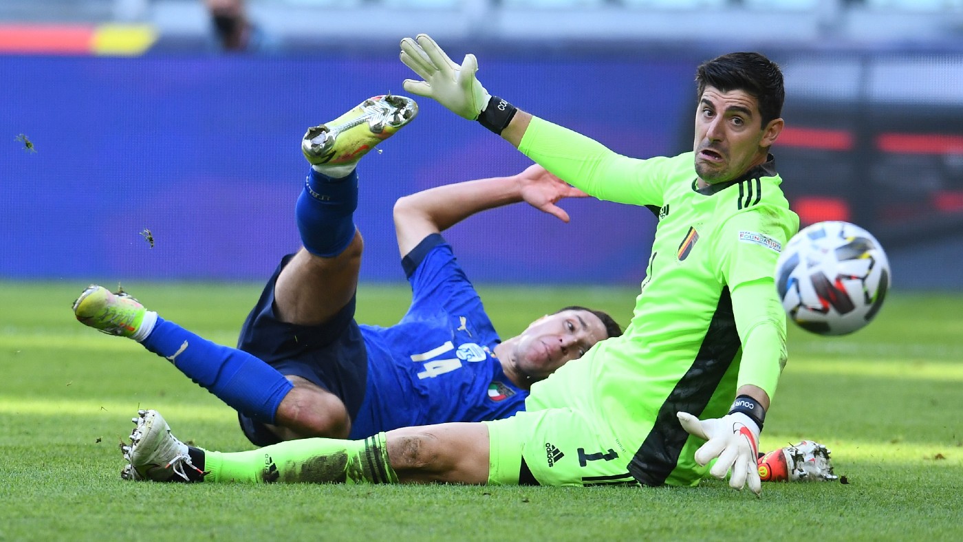 Thibaut Courtois in action for Belgium against Italy in the Uefa Nations League third-placed match  
