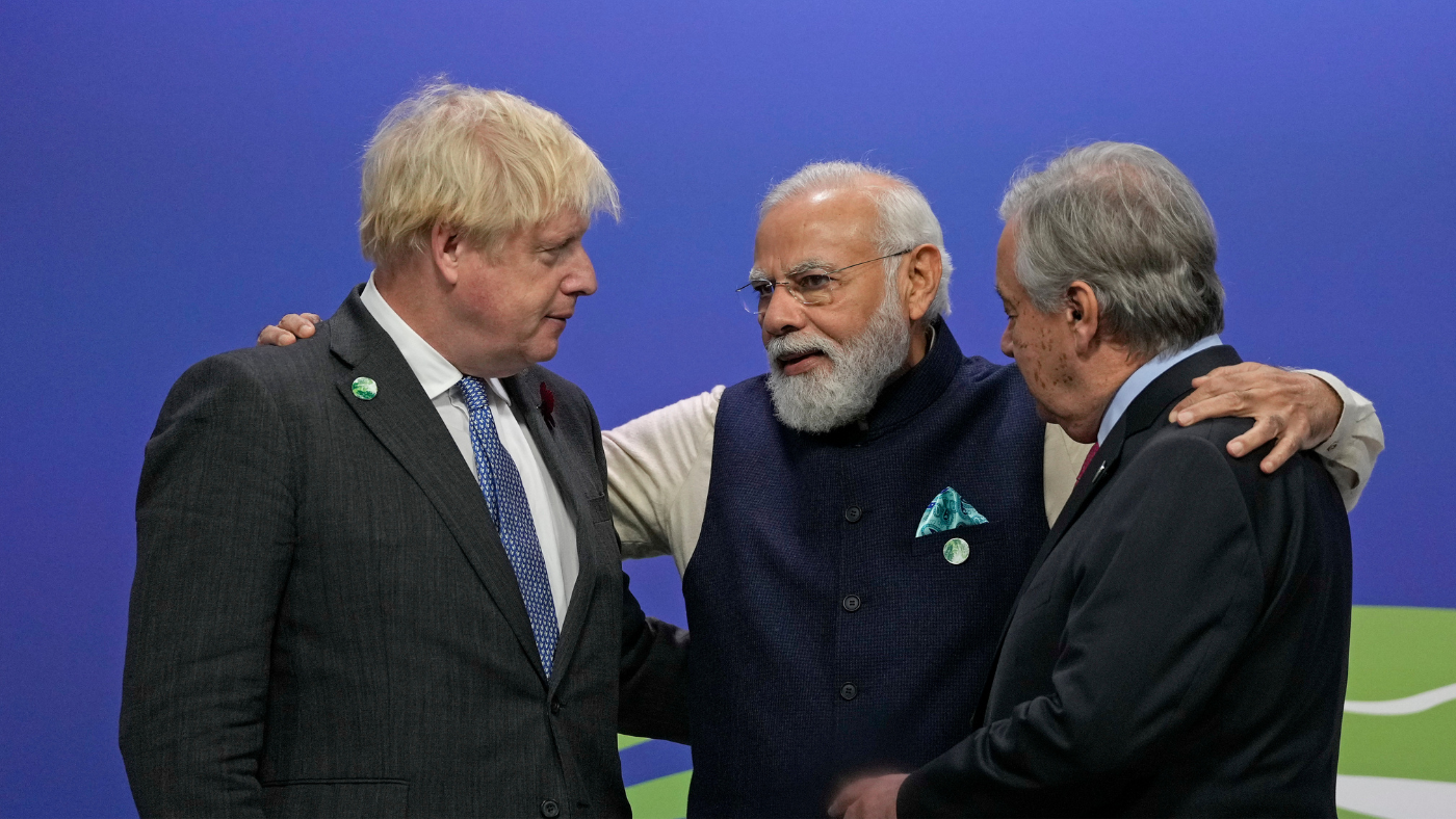Boris Johnson, Narendra Modi and Antonio Guterres at Cop26