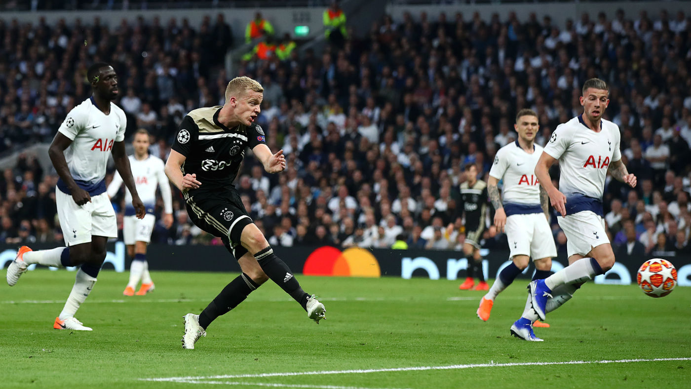 Donny van de Beek scored Ajax’s winning goal against Tottenham in the semi-final first leg