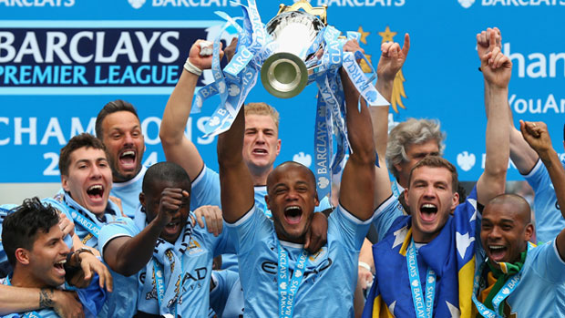 Manchester City with the Premiership trophy last season