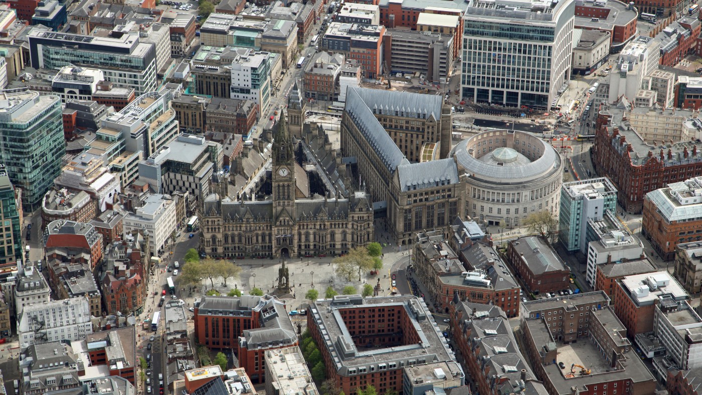 An aerial view of Manchester Town Hall and the city centre 