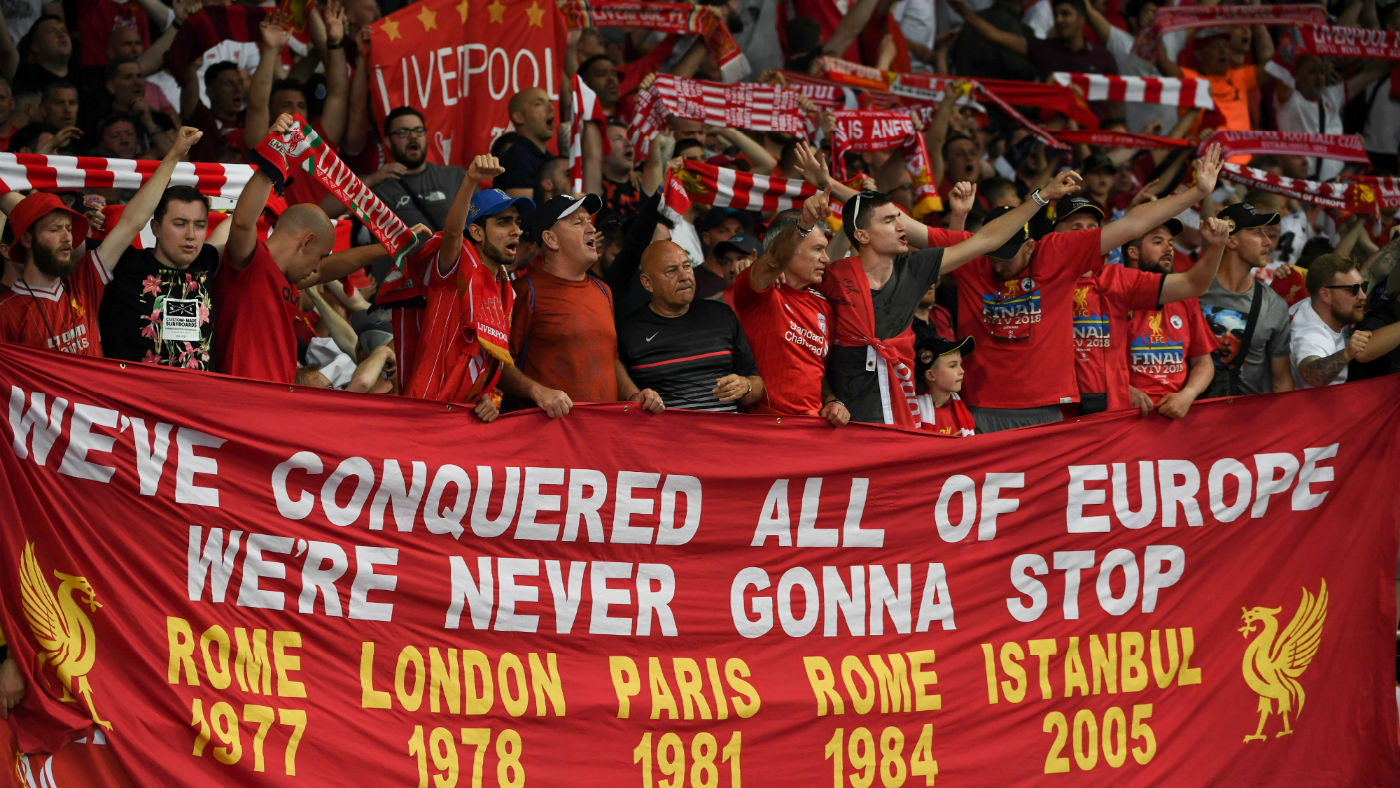 Liverpool fans support their team during the 2018 Champions League final against Real Madrid