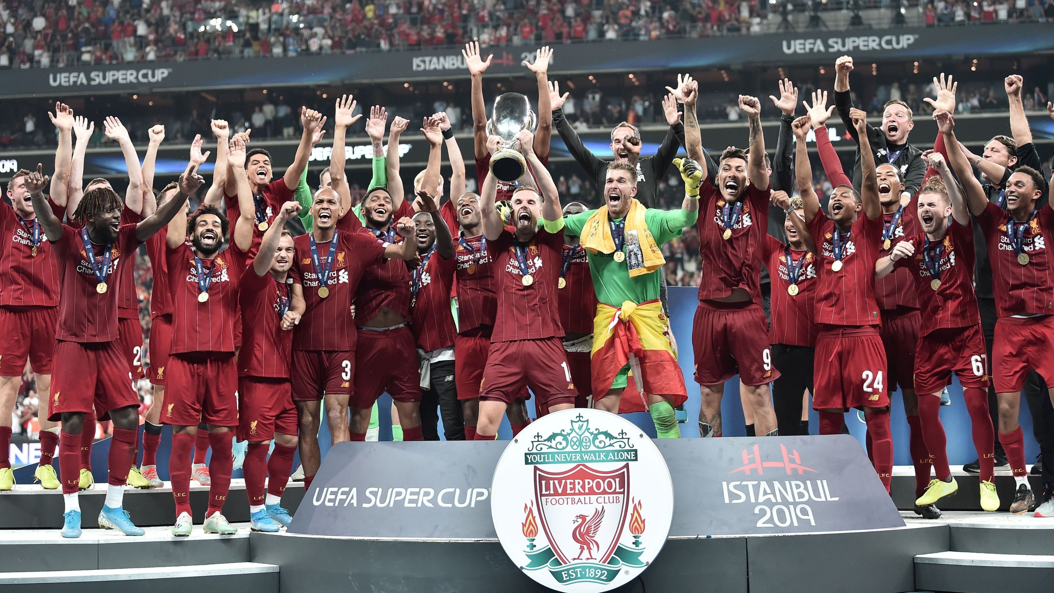 Liverpool celebrate with the Uefa Super Cup