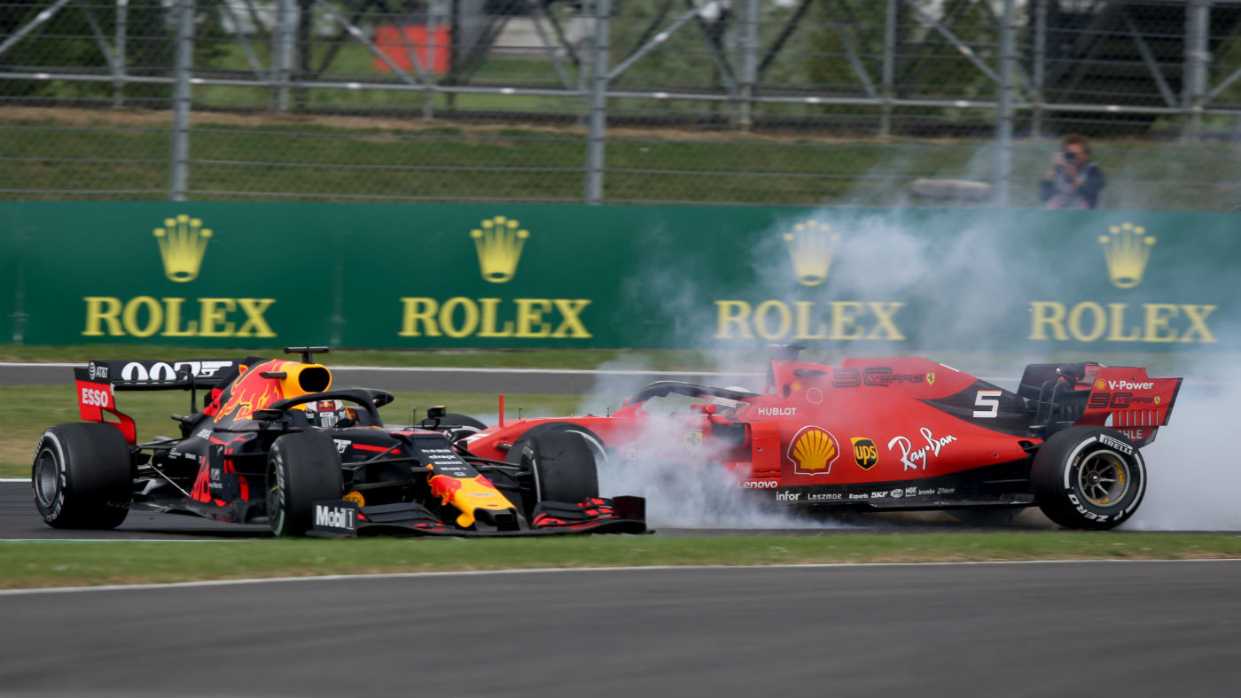 Ferrari driver Sebastian Vettel crashed into the back of Red Bull’s Max Verstappen at the British GP