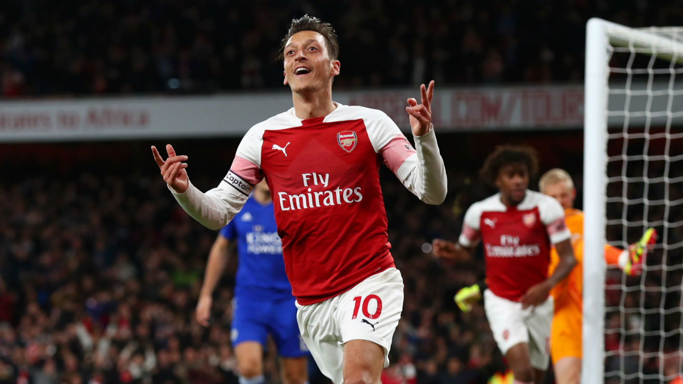 Mesut Ozil celebrates his goal in the 3-1 win against Leicester in the Premier League 