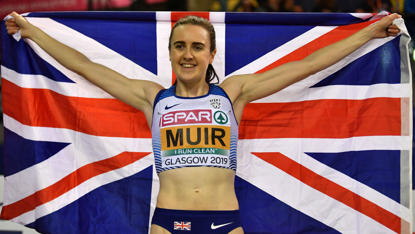 British athlete Laura Muir celebrates her gold medal in the women’s 1500m final at the 2019 European Indoor Championships