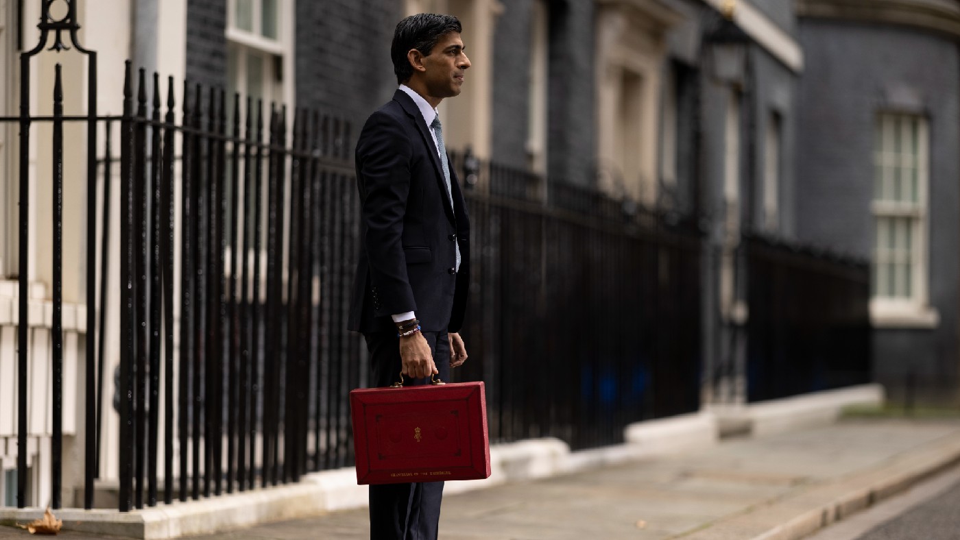 Rishi Sunak, the chancellor of the exchequer, holding the red budget box