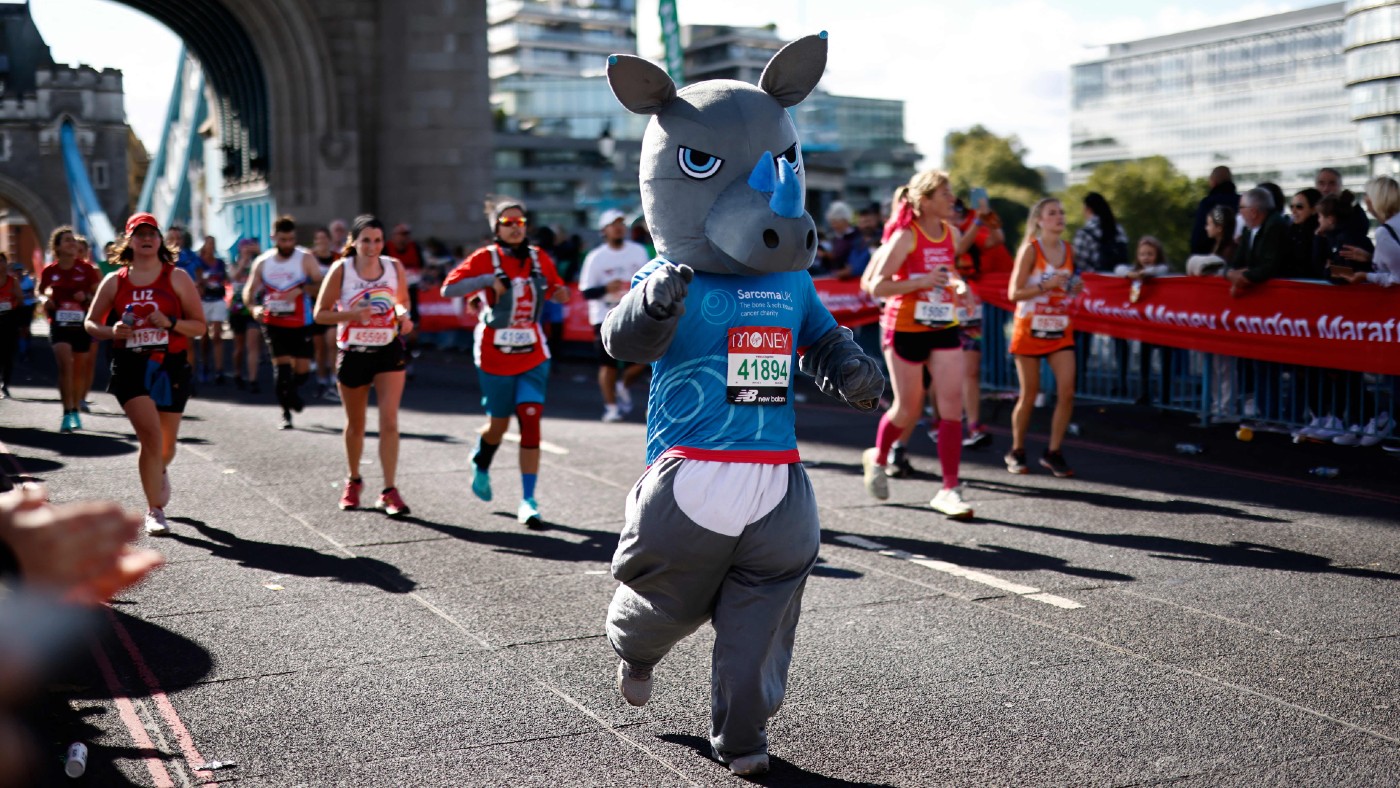A runner dressed as a rhino at the London Marathon in 2021   