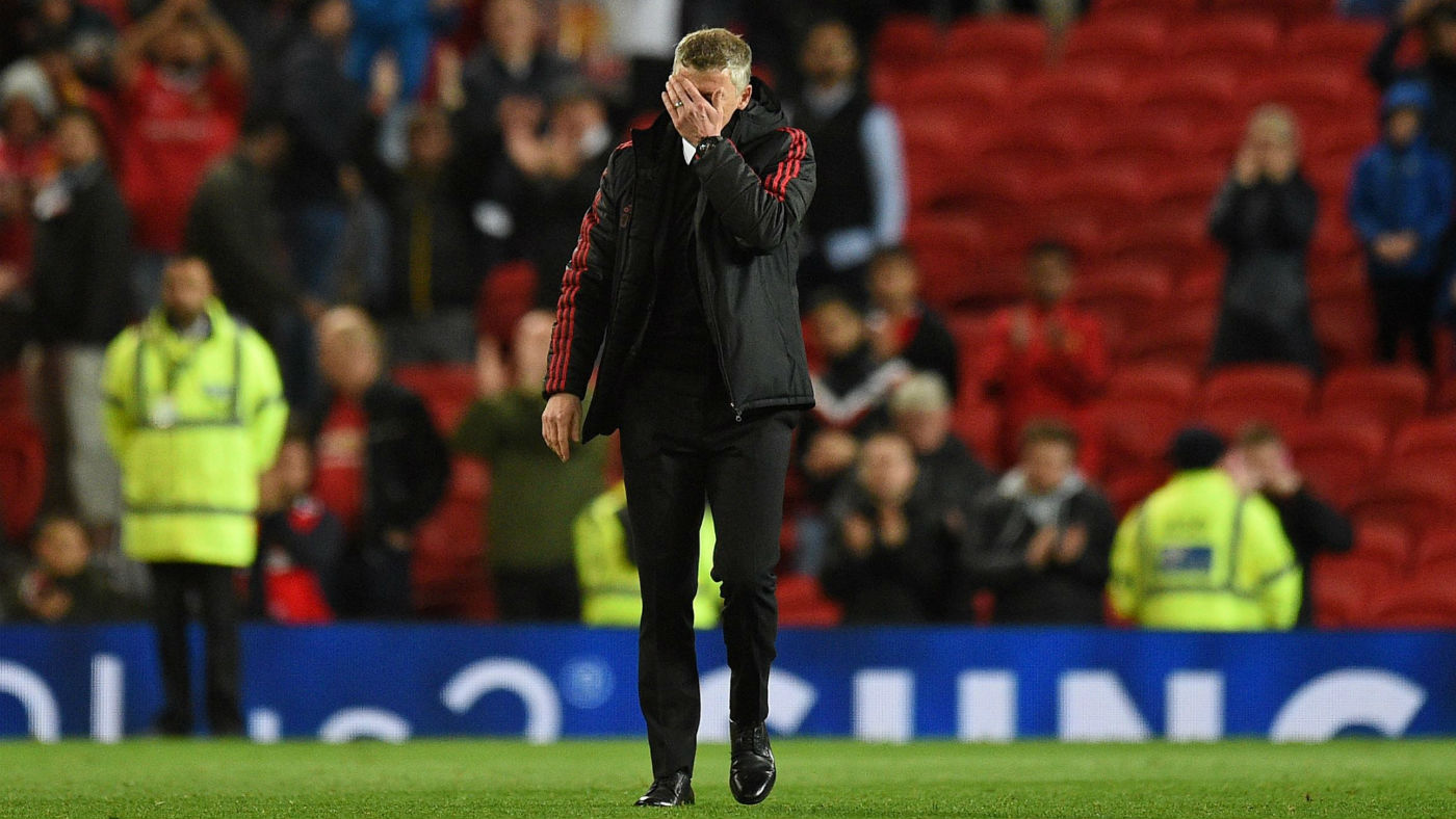 Manchester United manager Ole Gunnar Solskjaer reacts after the 2-0 derby loss to Manchester City