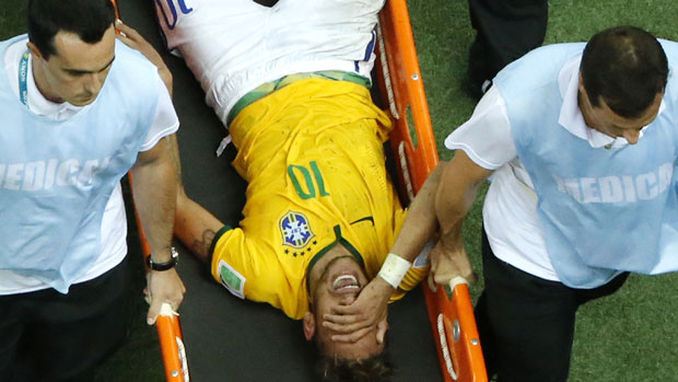 Neymar is carried off the pitch after being injured in Brazil&#039;s quarter-final against Columbia
