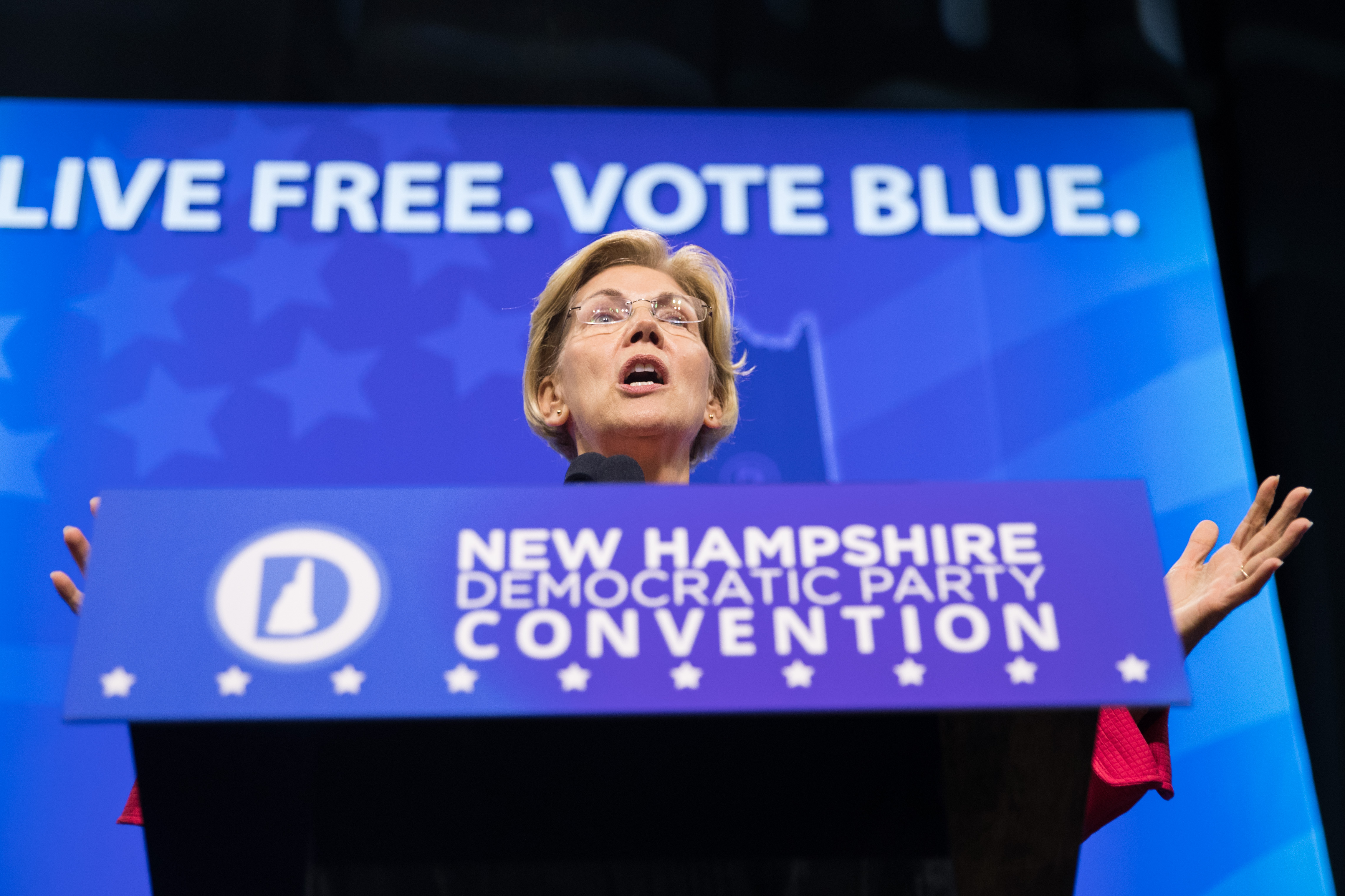 MANCHESTER, NH - SEPTEMBER 07:Democratic presidential candidate, Sen. Elizabeth Warren (D-MA) speaks during the New Hampshire Democratic Party Convention at the SNHU Arenaon September 7, 2019