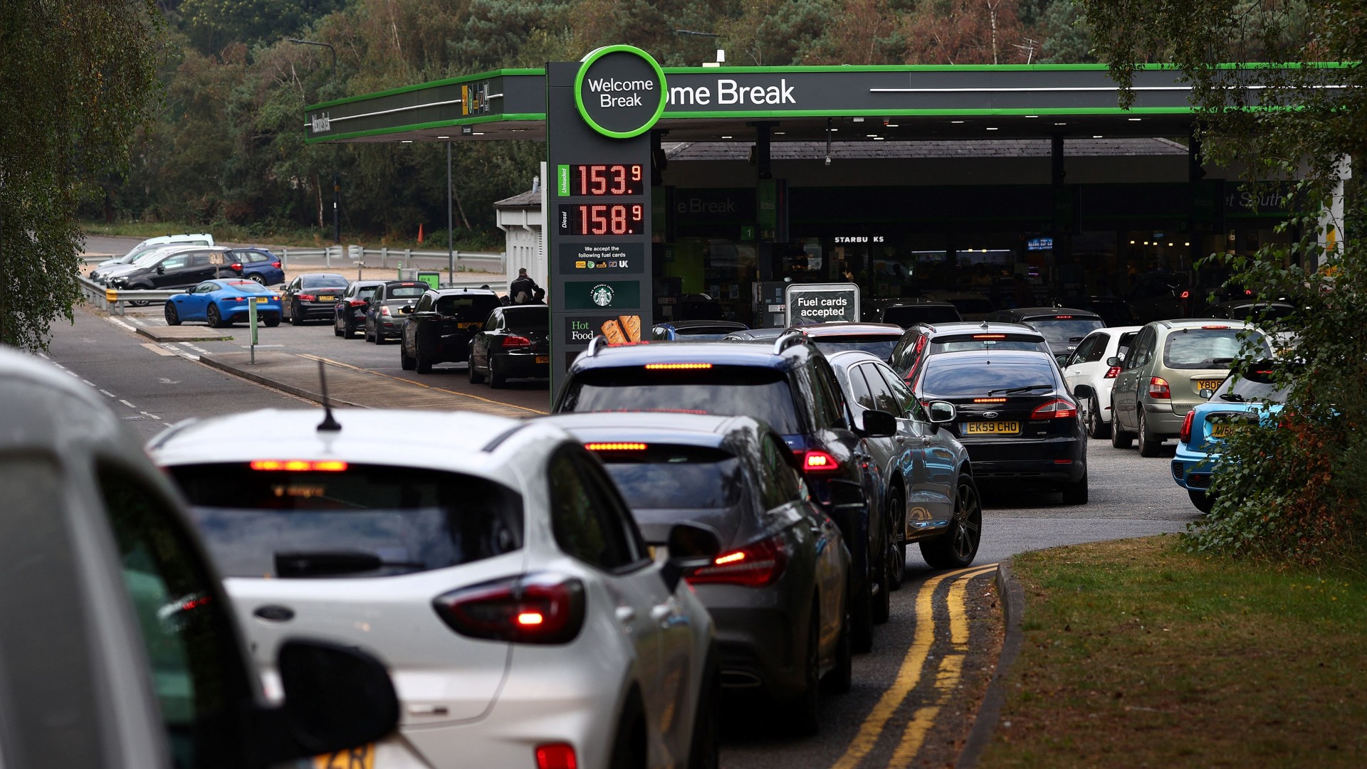 Queue for fuel at motorway station
