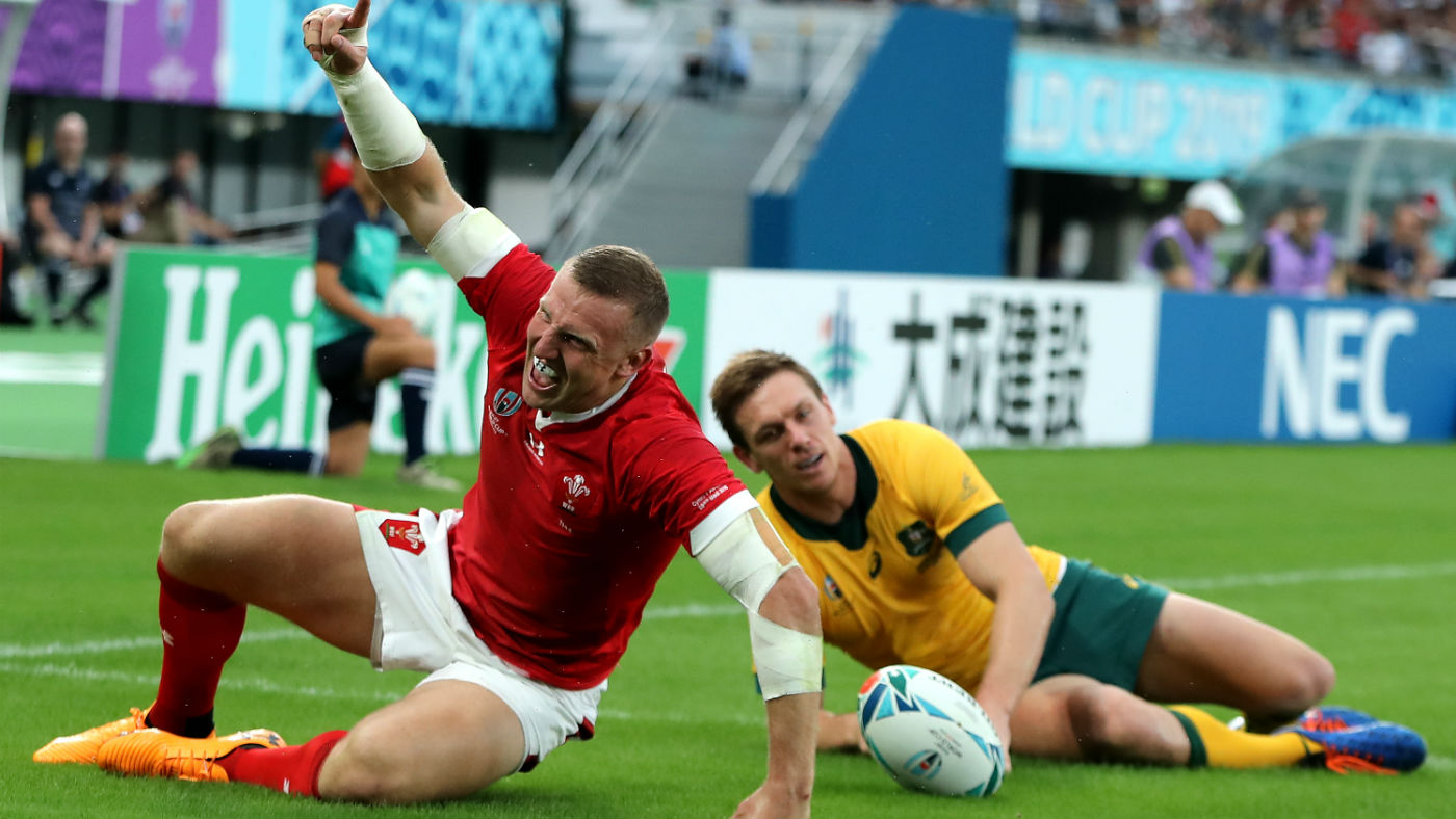 Wales centre Hadleigh Parkes celebrates his try against Australia at the Tokyo Stadium