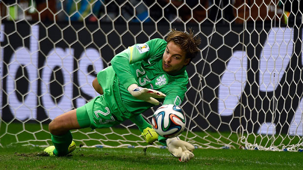 Netherlands&#039; goalkeeper Tim Krul saves a penalty