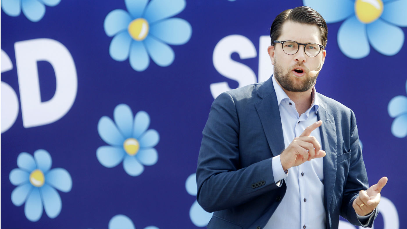 Jimmie Akesson, leader of the Sweden Democrats, campaigns in Sundsvall, Sweden