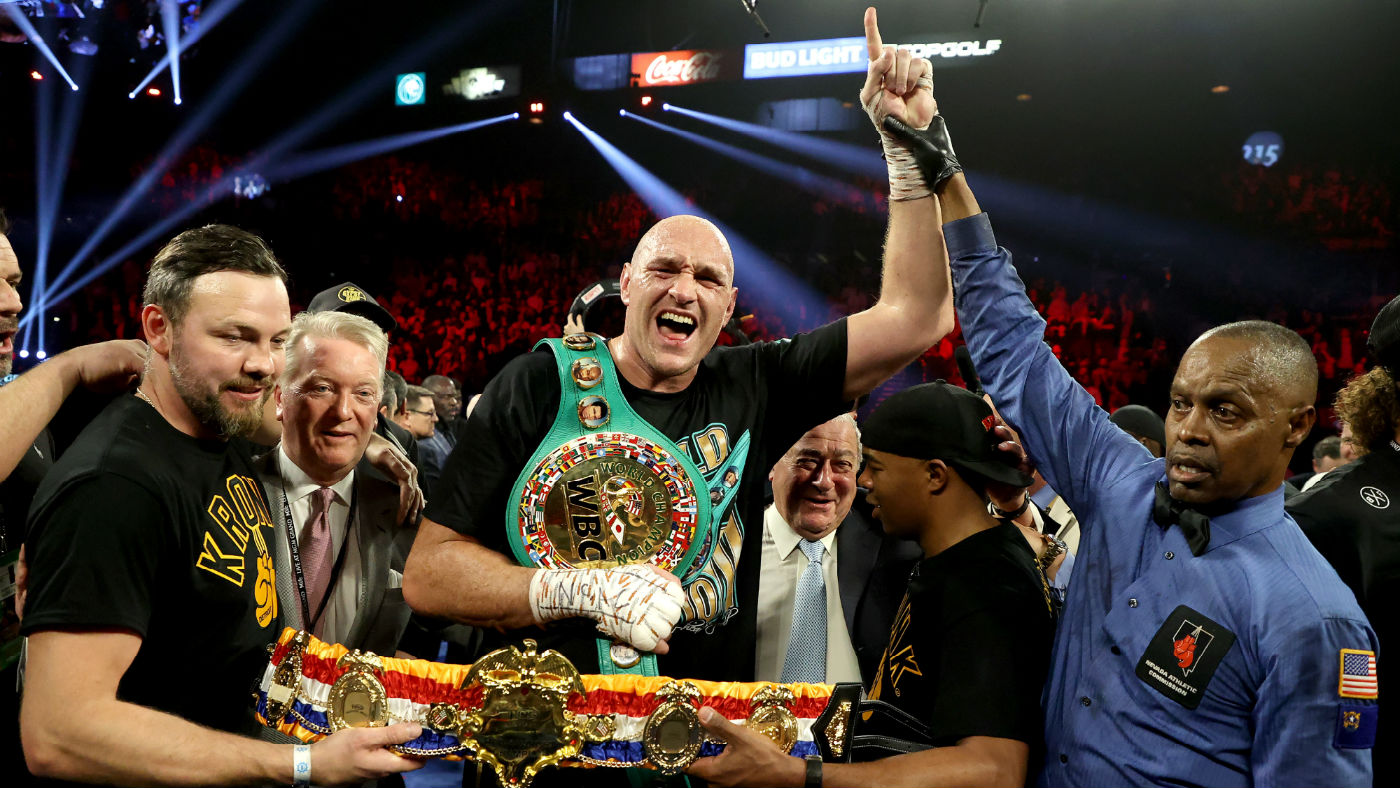 WBC and lineal heavyweight champion Tyson Fury celebrates his win over Deontay Wilder 