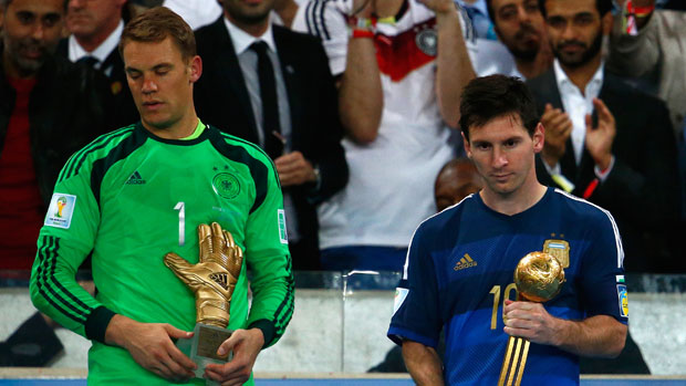  Lionel Messi of collects the Golden Ball trophy in Rio