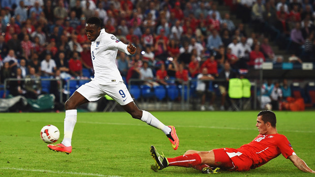 Danny Welbeck of Arsenal scores for England against Switzerland