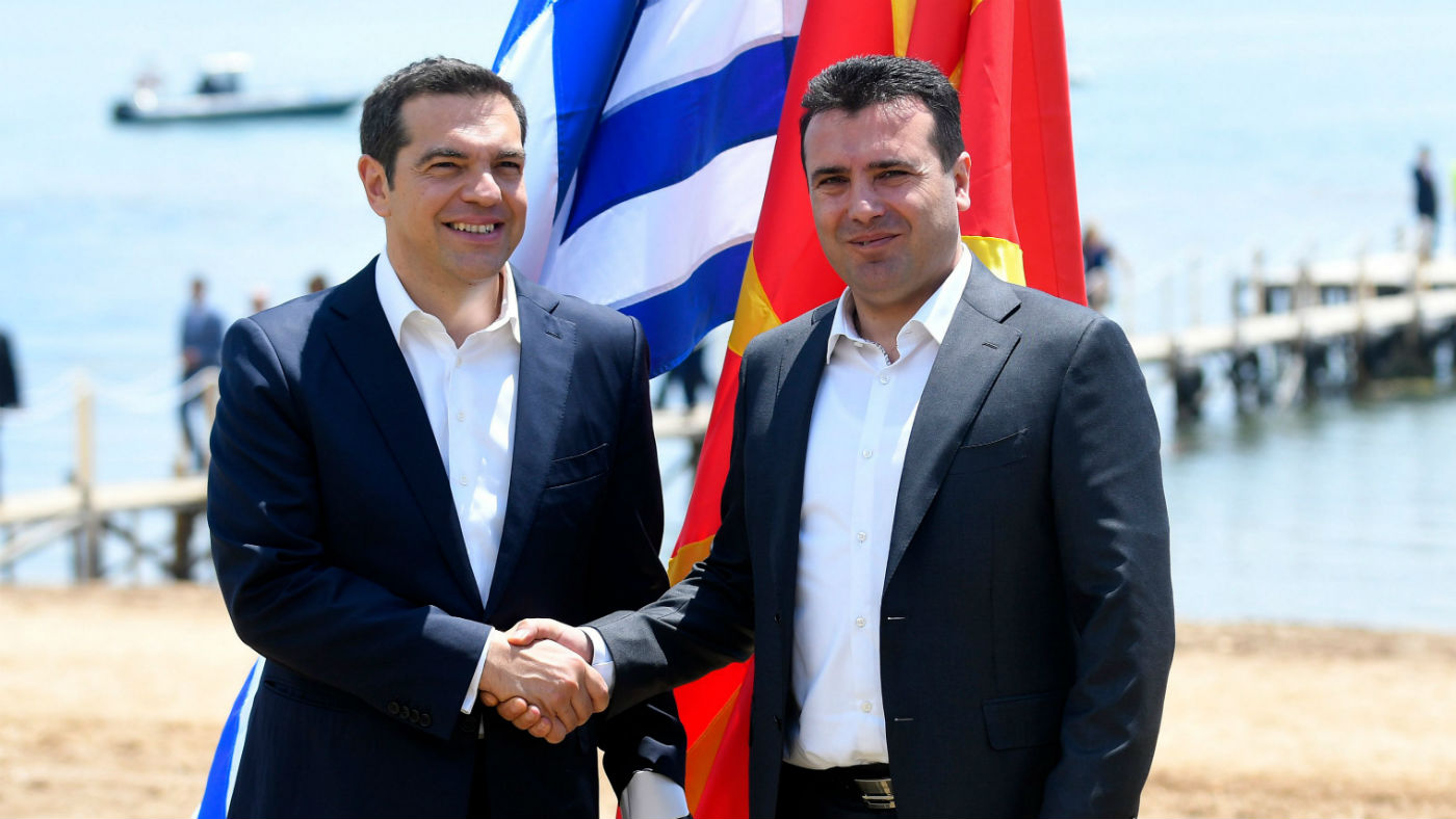 Macedonian Prime Minister Zoran Zaev welcomes his Greek counterpart Alexis Tsipras ahead of Sunday&#039;s signing ceremony