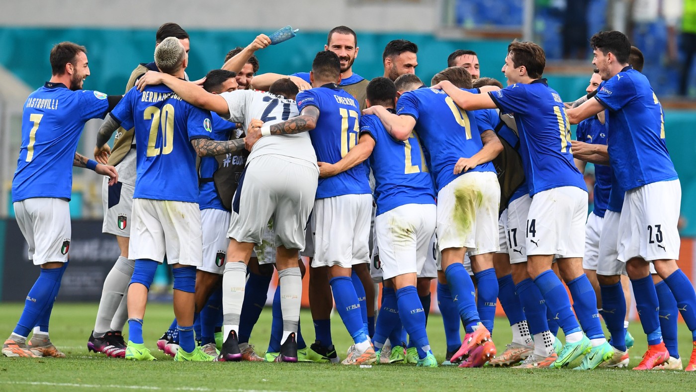 Italy players celebrate their group A win over Wales at Euro 2020 