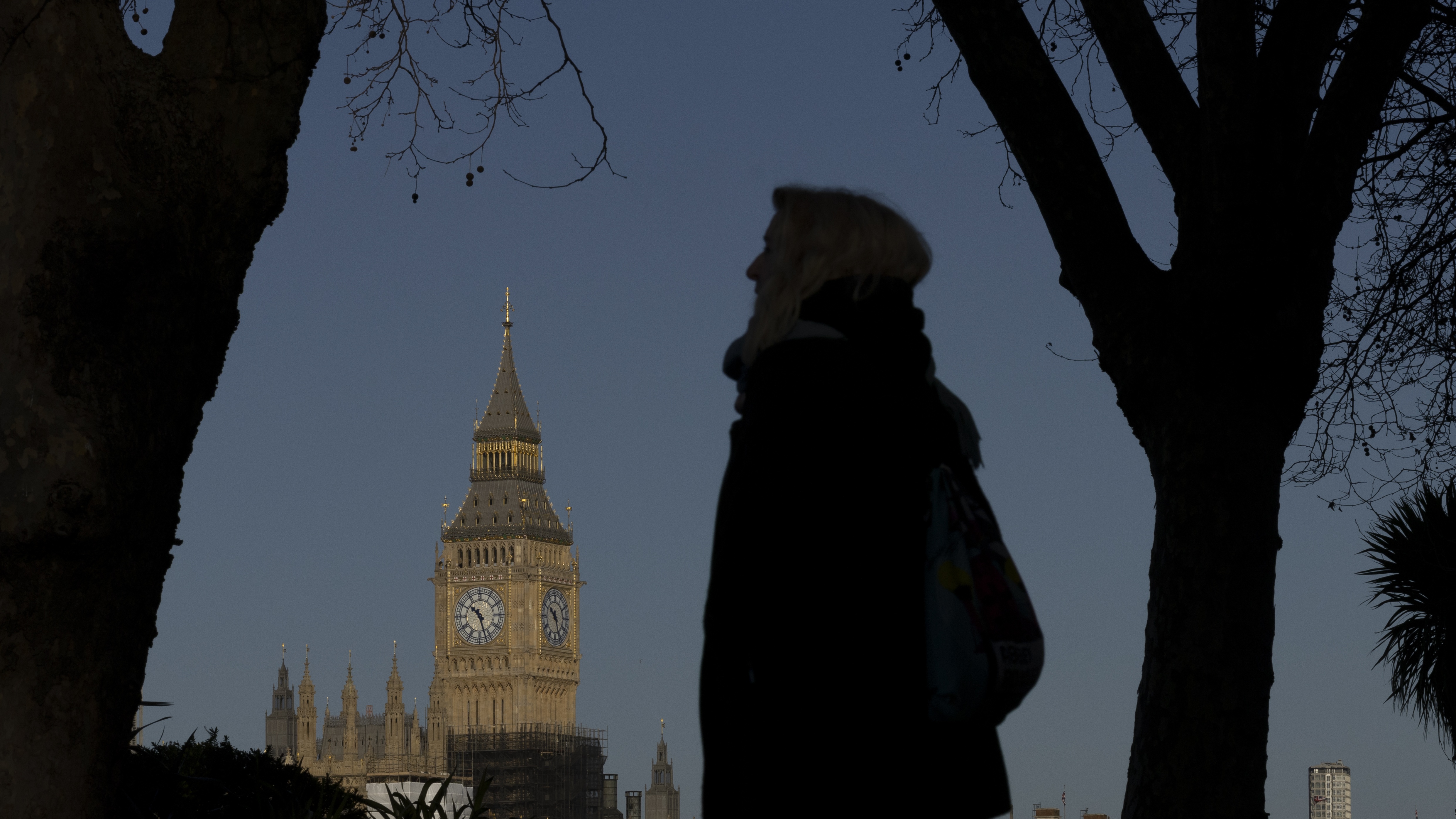 A woman silhouetted against the Palace of Westminster 