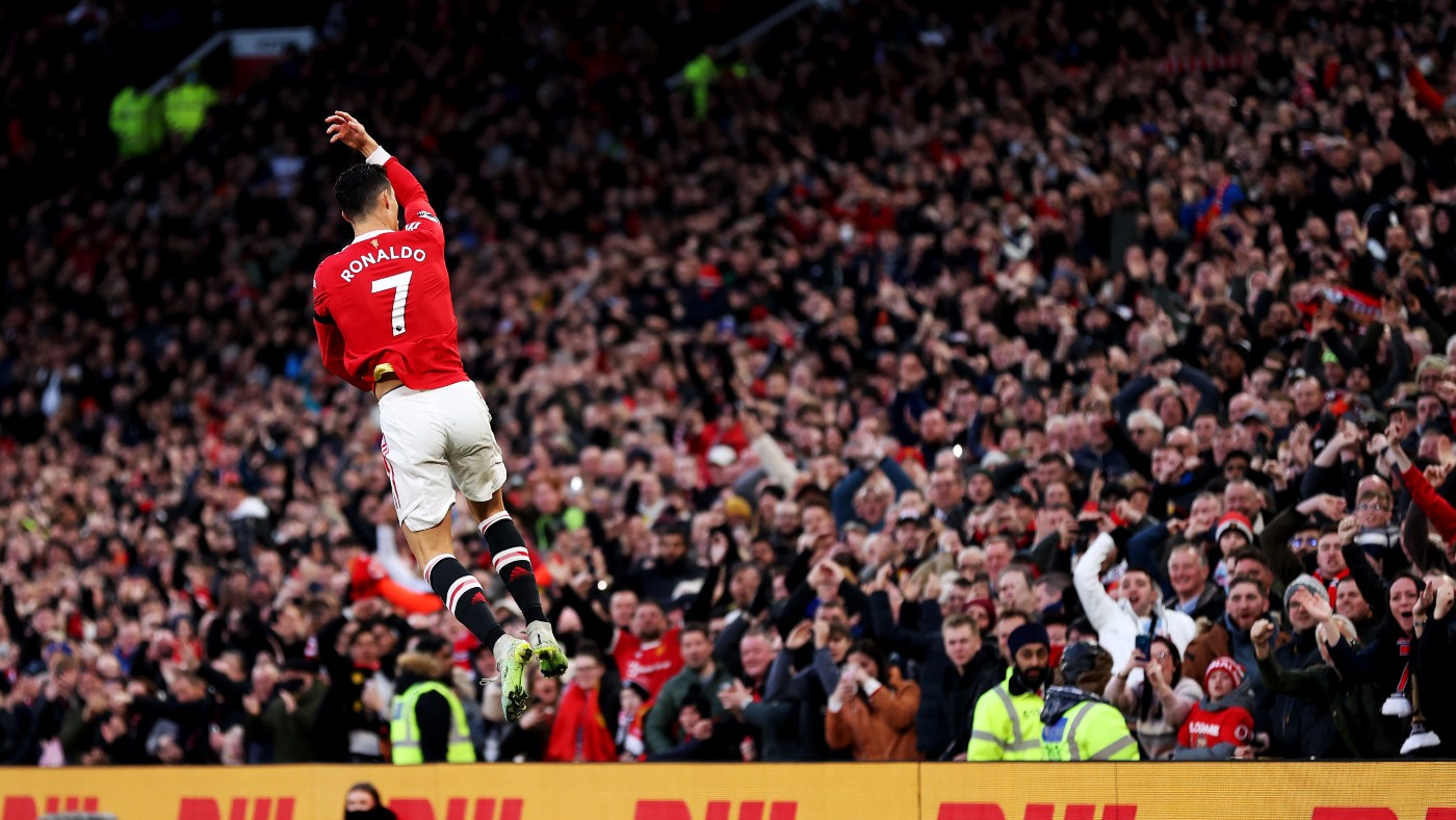 Man Utd’s Cristiano Ronaldo celebrates his first goal against Tottenham 