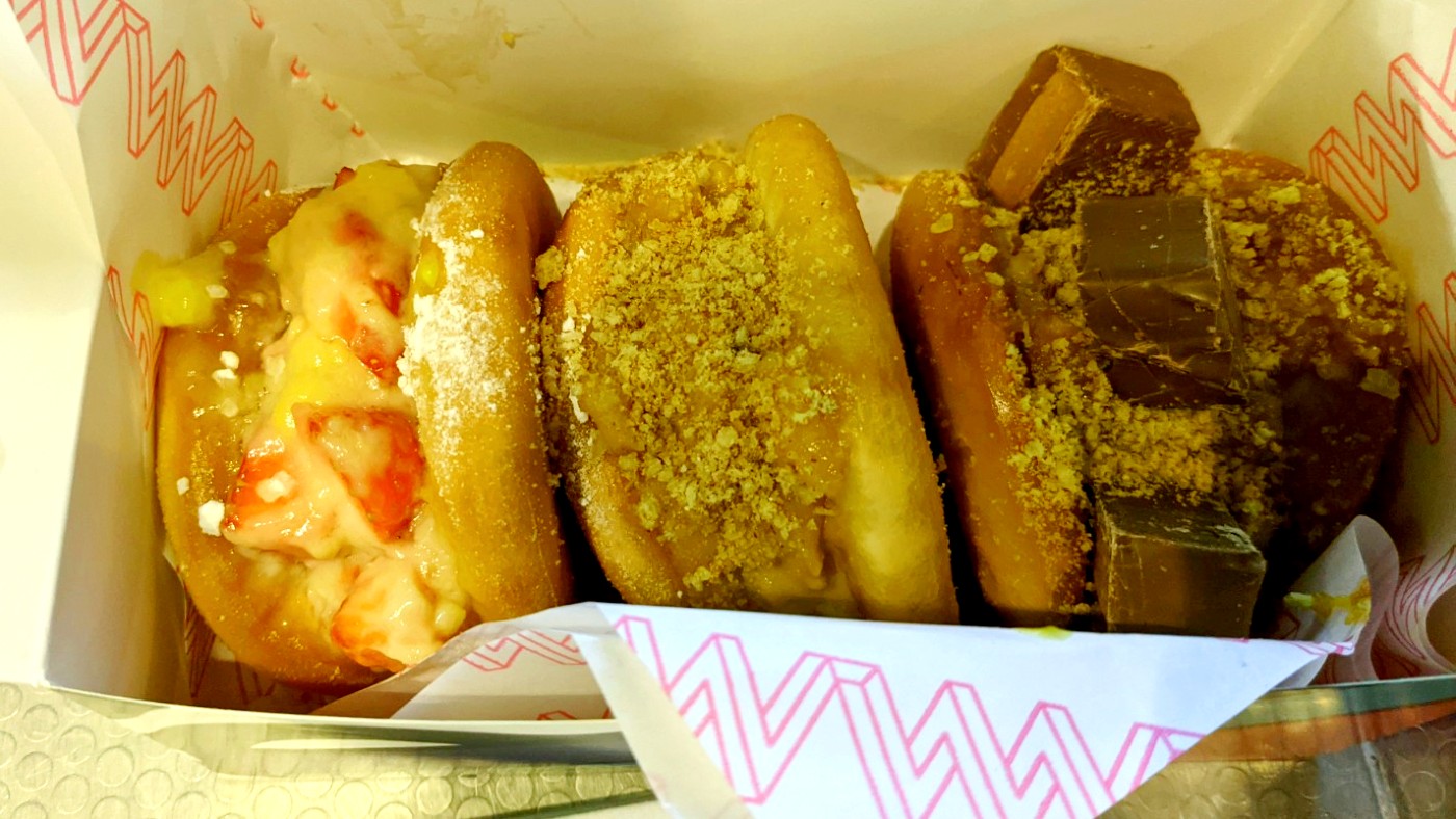 The bao nuts come in three flavors: strawberry cream, salted peanut, and banana caramel