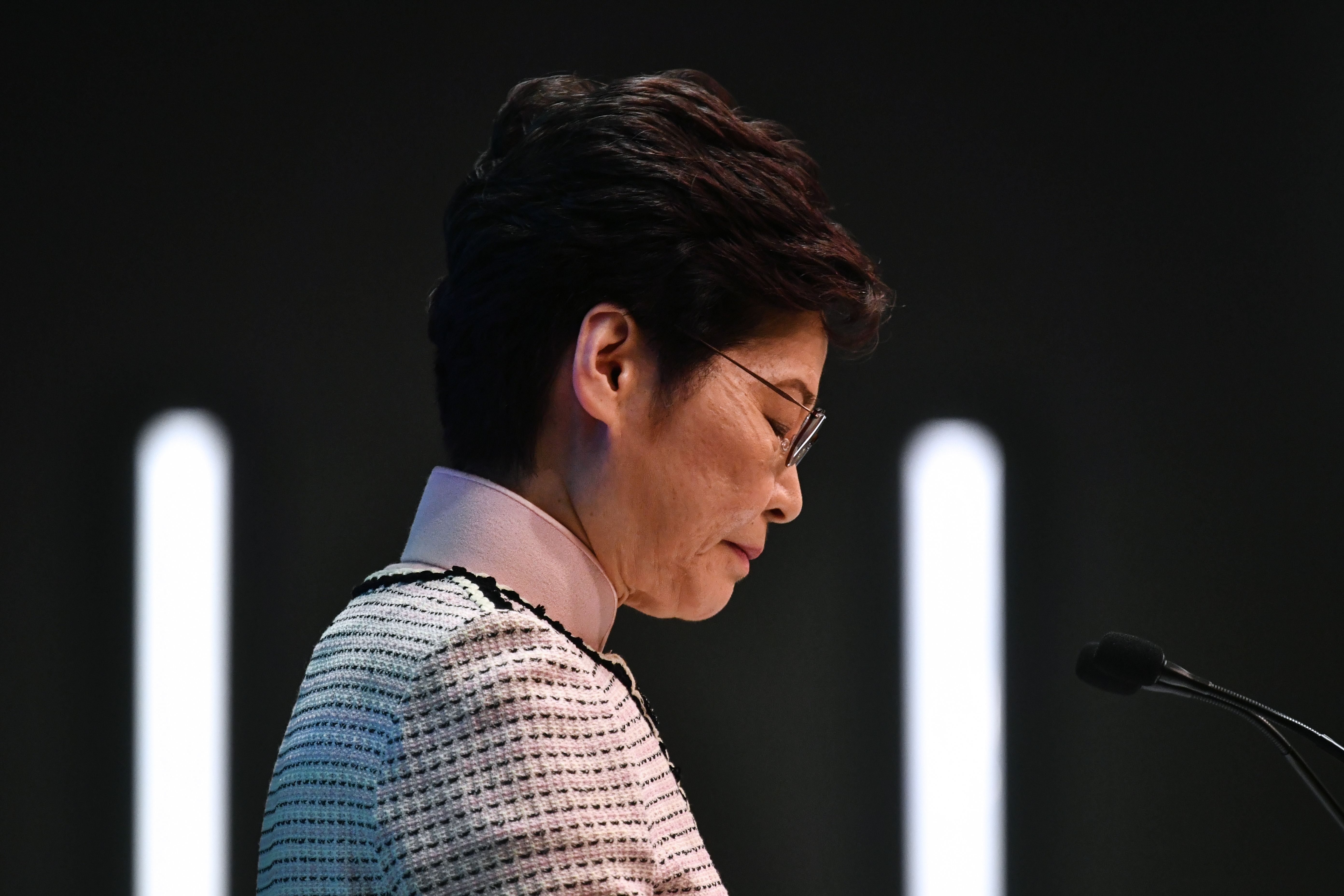 Hong Kong&#039;s Chief Executive Carrie Lam speaks at a press conference in Hong Kong on October 16, 2019, after she tried twice to begin her annual policy address inside the city&#039;s legislature. -