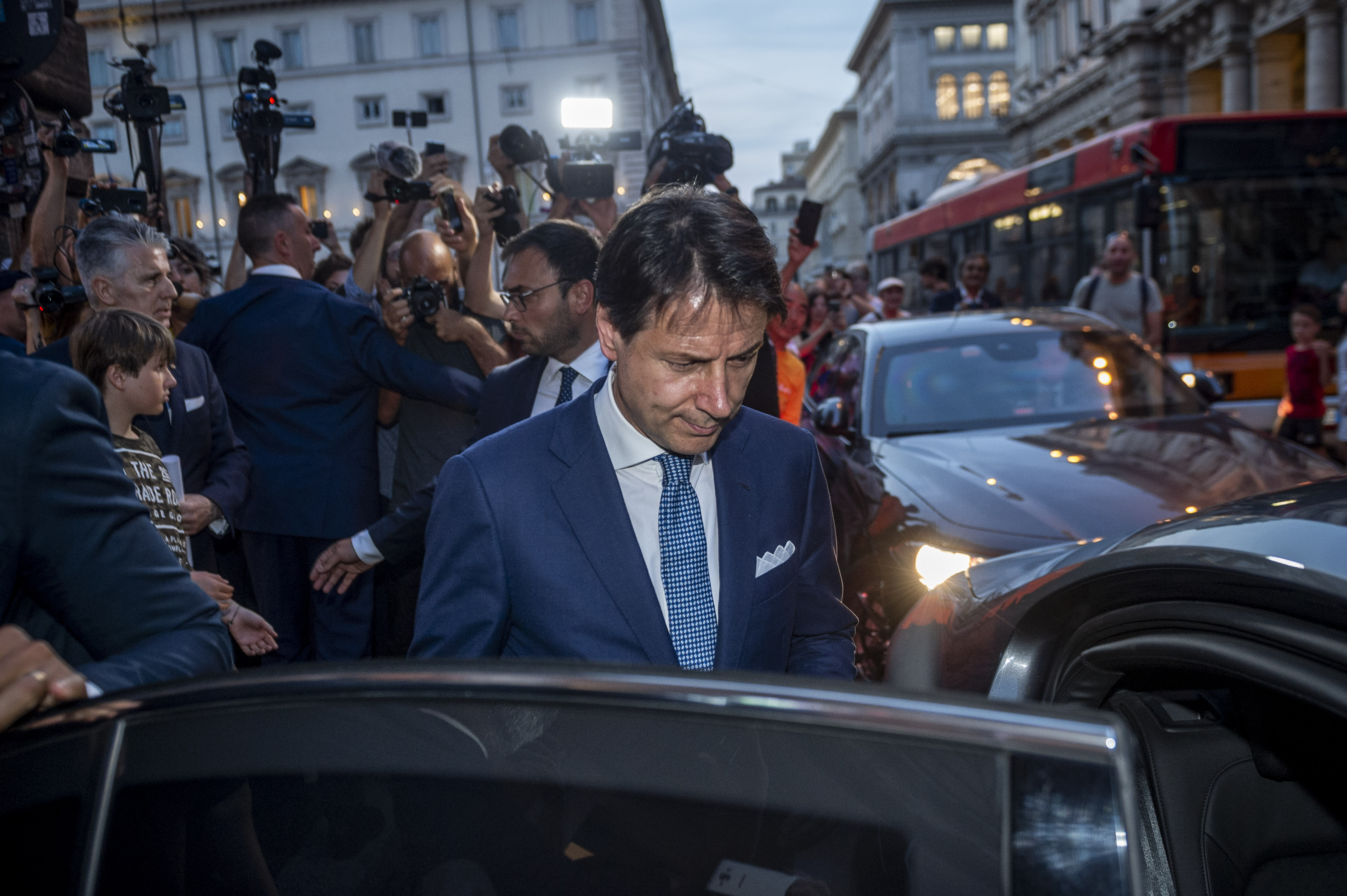 ROME, ITALY- AUGUST 27: Italian Prime Minister Giuseppe Conte leaves from Chigi palace during the consultations days for the formation of the new government, on August 27, 2019 in Rome, Italy