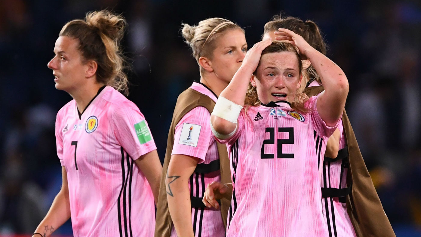 Dejected Scotland players react after their elimination from the Fifa Women’s World Cup 