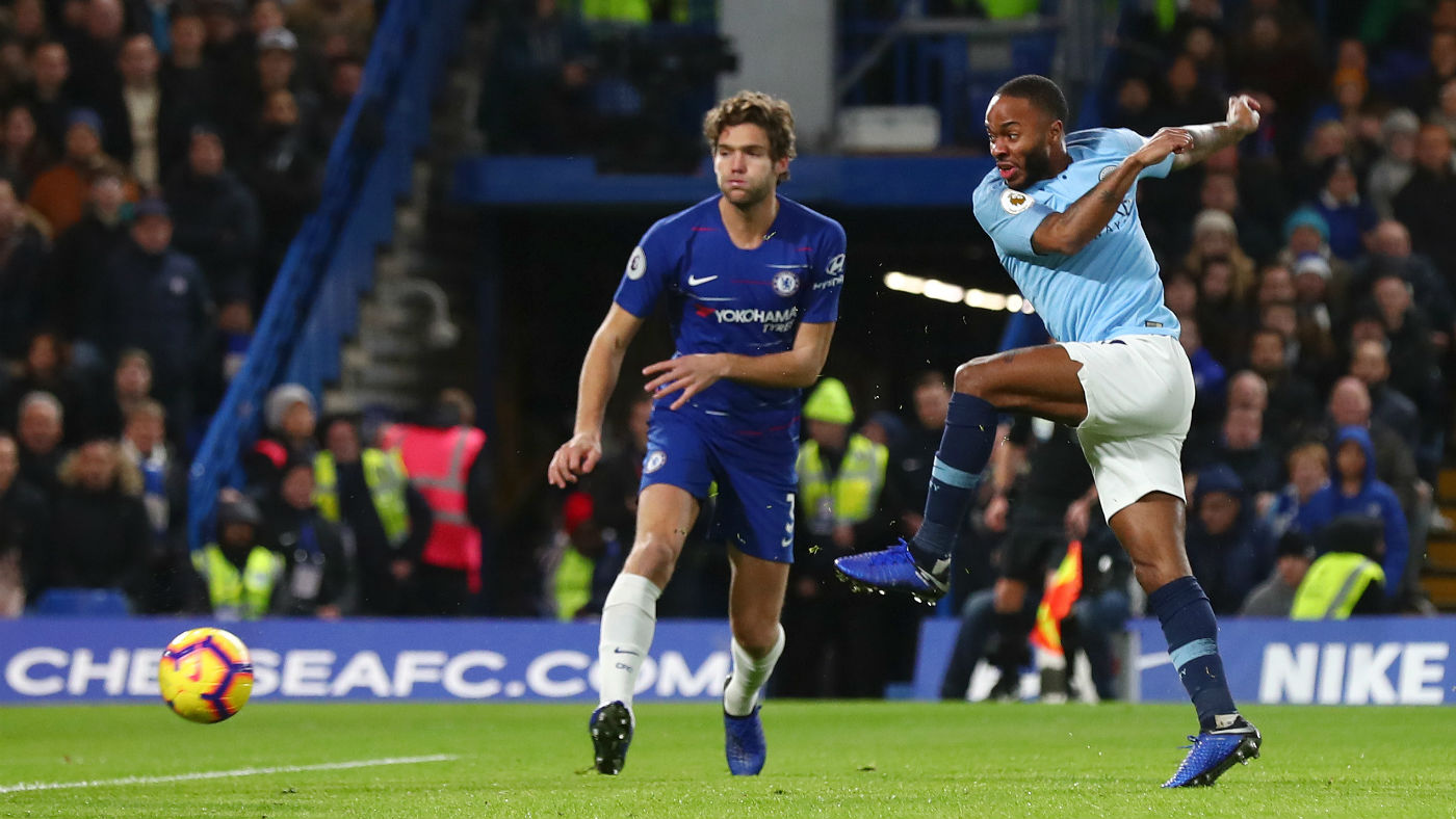 Raheem Sterling in action for Manchester City against Chelsea at Stamford Bridge 