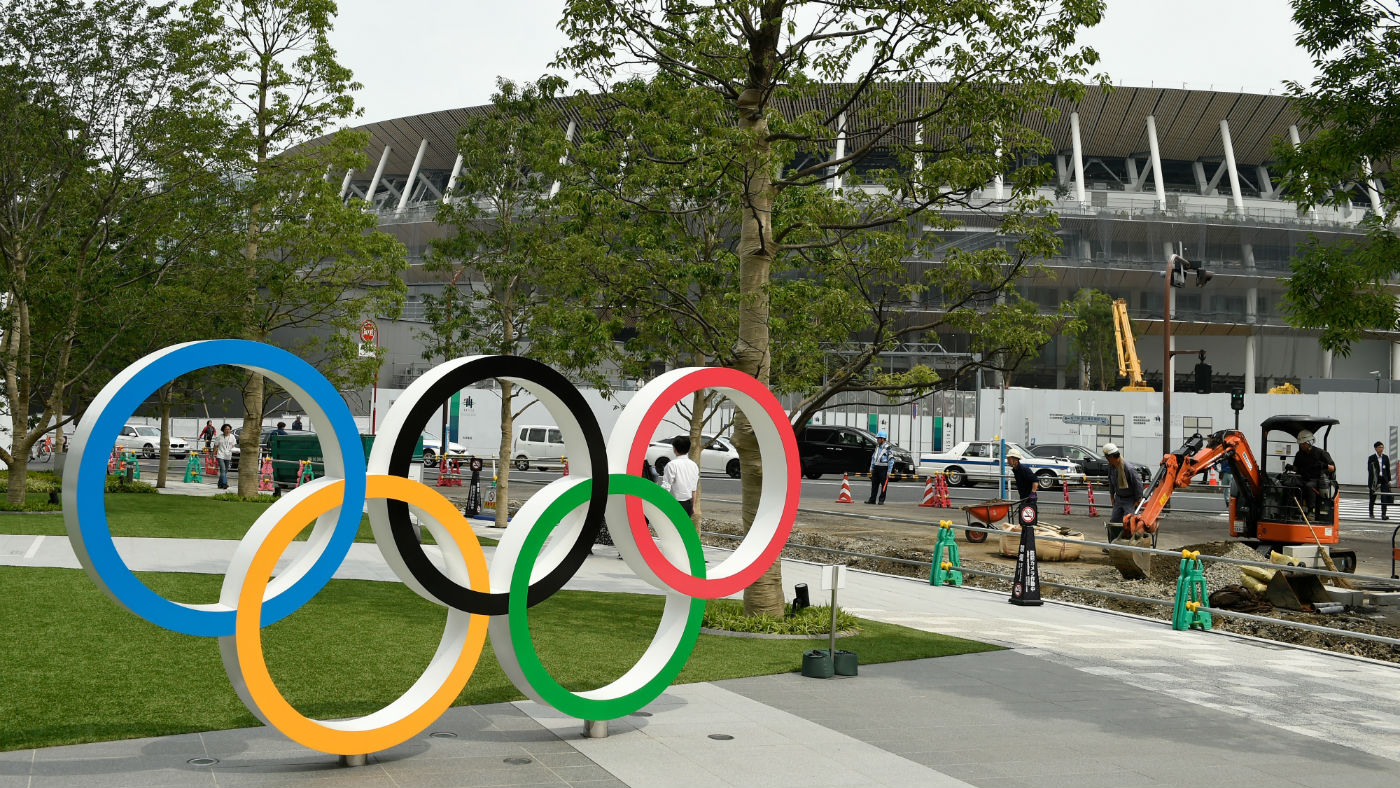 The Olympic rings outside of the National Stadium in Tokyo, Japan 