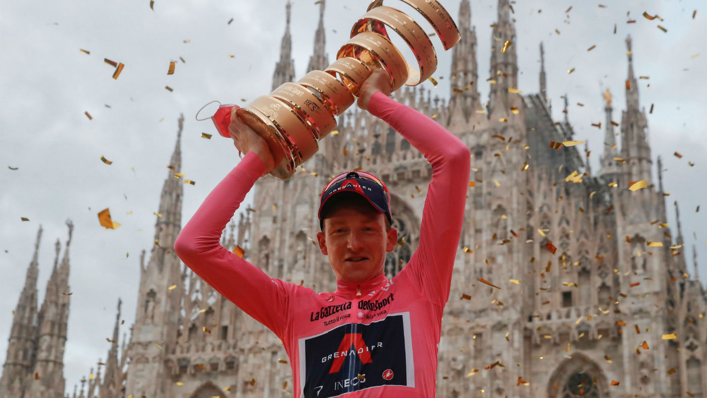 Ineos Grenadiers cyclist Tao Geoghegan Hart celebrates his win at the Giro d’Italia