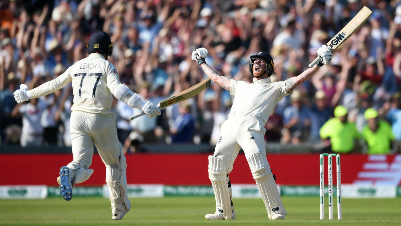 Jack Leach and Ben Stokes celebrate England’s Ashes third Test win against Australia